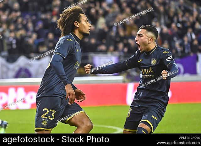 Anderlecht's Joshua Zirkzee and Anderlecht's Anouar Ait El-Hadj celebrate after scoring during a soccer match between RSC Anderlecht and OH Leuven