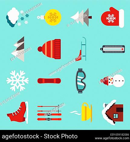 Flat winter icons set. Universal winter icons to use for web and mobile UI, set of basic winter elements isolated vector illustration