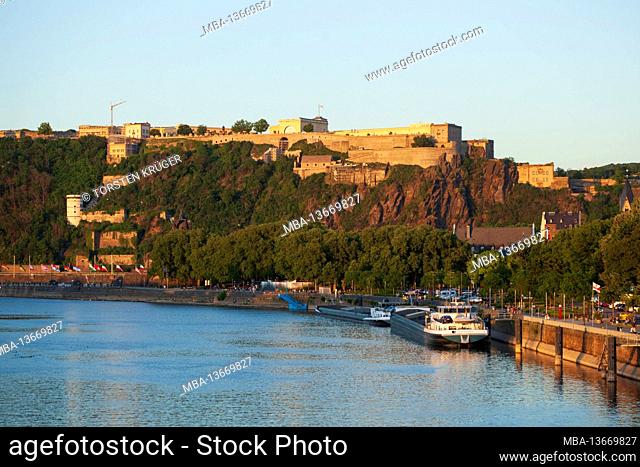 Ehrenbreitstein Fortress with Moselle in evening sun, Koblenz, Rhineland-Palatinate, Germany
