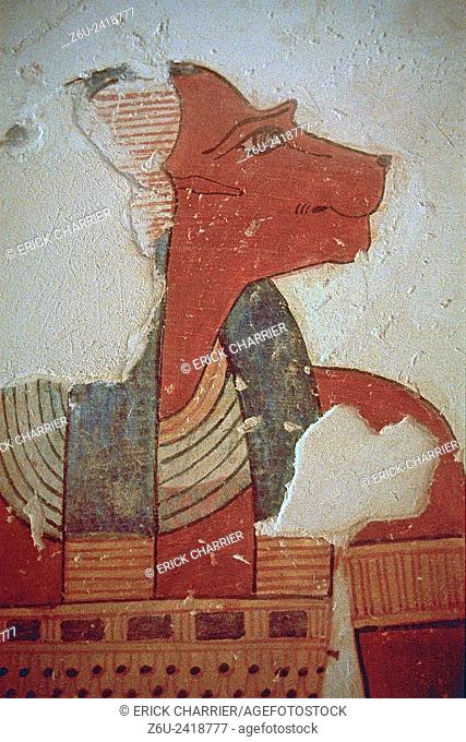 Thebes, West bank, Kings Valley, tomb of Montou-Her-Kopechef (KV19). Right wall, the prince in front of Hapi (scene 11)