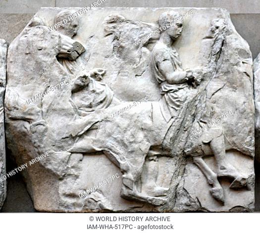 Detail from the South Frieze of the Parthenon, Athens. Showing 6 horsemen and their horses. Greek, circa 443-438 BC