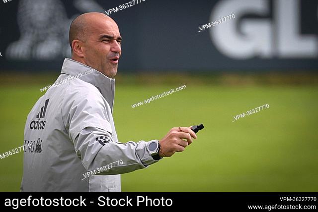 Belgium's head coach Roberto Martinez gestures during a training session of the Belgian national team, the Red Devils, Monday 13 June 2022 in Tubize