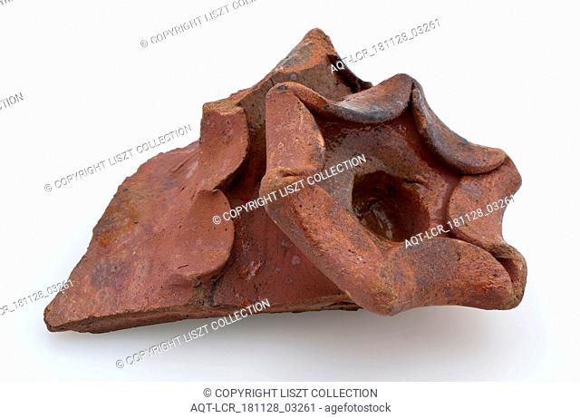 Fragment of earthenware fire dome with molded rosette, glazed, firecock fragment earth discovery ceramic earthenware glaze lead glaze, w 11