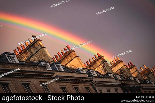 Background with rainbow over the buildings of Bath in the united kingdom england