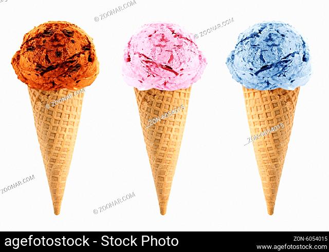Blackberry, strawberry and chocolate Ice cream in the cone on white background with clipping path