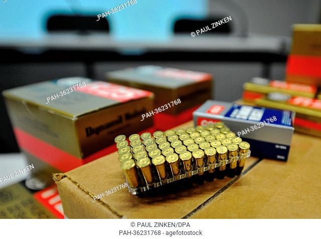 Seized ammunitions lie on a table at the police headquarters at Platz an der Luftbruecke in Berlin, Germany, 16 January 2013