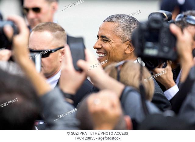 United State President Barack Obama greets people at the Seattle-Tacoma International Airport on June 24, 2016 in Seattle, Washington