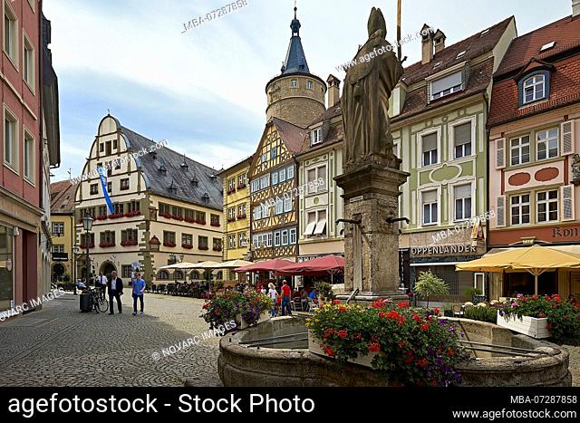 Town Hall at the market with market fountain and market tower in Kitzingen, Lower Franconia, Bavaria, Germany
