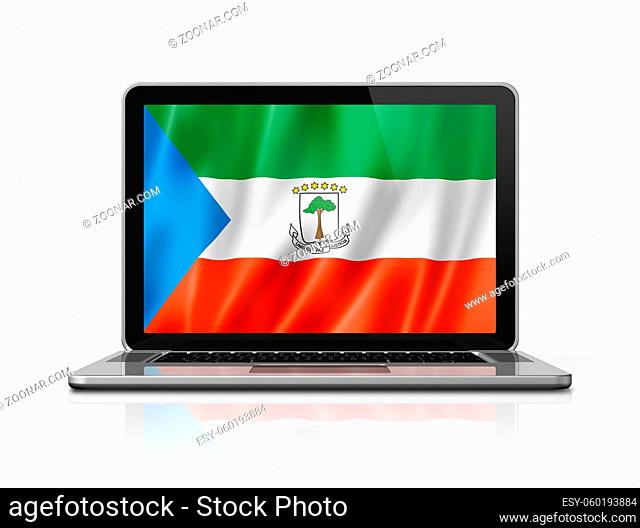 Equatorial Guinea flag on laptop screen isolated on white. 3D illustration render
