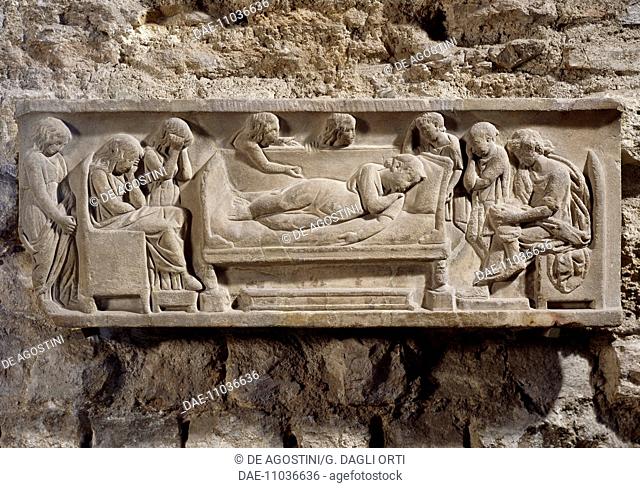 A deceased young woman surrounded by her family, detail from the relief on a marble Roman sarcophagus. Gallo-Roman Civilisation