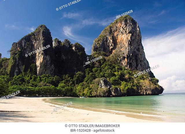 Sandy beach, limestone cliffs, Rai Leh West Beach, West Railay Beach, Krabi, Thailand, Asia