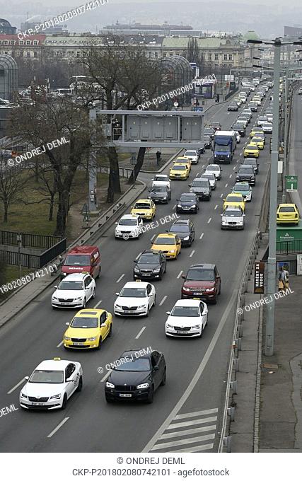 Taxi drivers circle about the Prague city centre, Czech Republic, on Thursday, February 8, 2018. Association of Czech Taxi Drivers organises protest against...