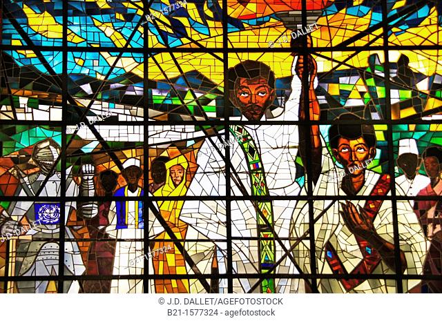 Africa Hall at Addis Ababa: detail of the stained glass by Afewerk Téklé, Ethiopia