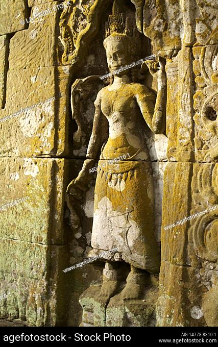 Blocks of lichen covered stone carved into a bas-relief of an 'Apsara' at Ta Prohm - built by the Khmer King Jayavarman VII as a Mahayana Buddhist monastery and...