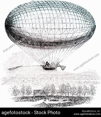 Engraving depicting Henry Bell's design for an aerial machine, which had a rudder and two screw propellers. Henry Bell (1767-1830) a Scottish engineer