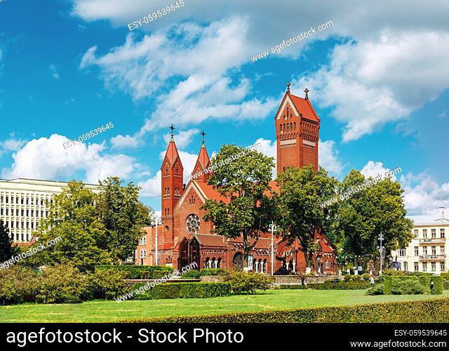 Belarussian Roman Catholic Church Of Saints Simon And Helen Red Church On Independence Square In Minsk, Belarus