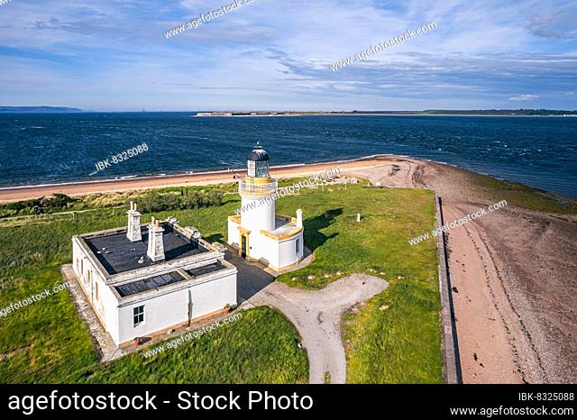 Chanonry Lighthouse on the Black Isle from a drone, Chanonry Point, East Coast of Scotland