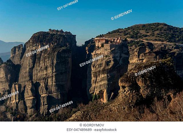 Landscape with Varlaam Monastery and rock formations in Meteora, Greece