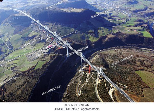 France, Aveyron (12), Millau, the A75 motorway viaduct between the Causses of Sauveterre and Larzac (aerial view of the building site)