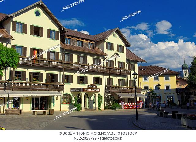 Oberammergau, Hotel, Bavarian passion play town, Upper Bavaria, Germany, Europe