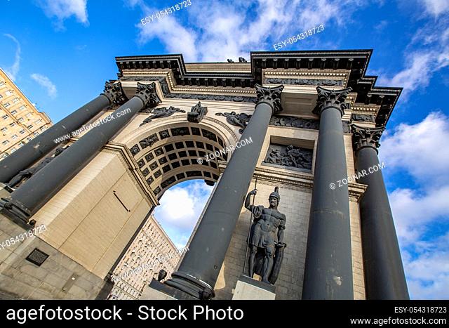 Moscow, Russia - February 5, 2020: Triumphal Gate on Kutuzov avenue. Built in 1968 by Libson