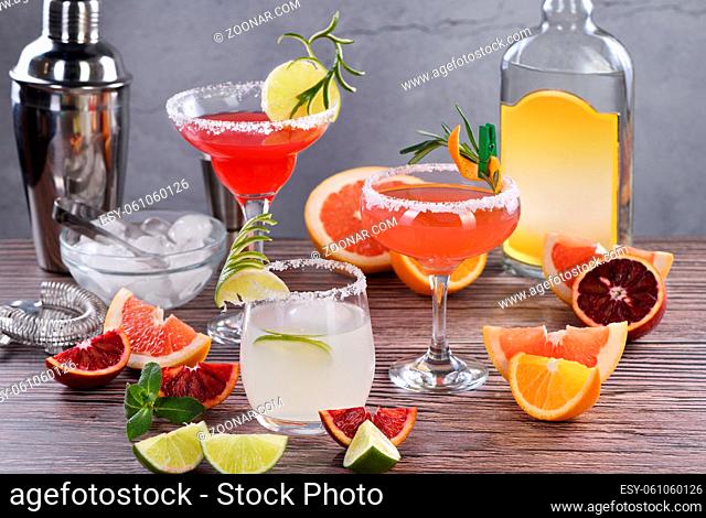 Drinks and cocktails with Tequila-based different citrus fruits