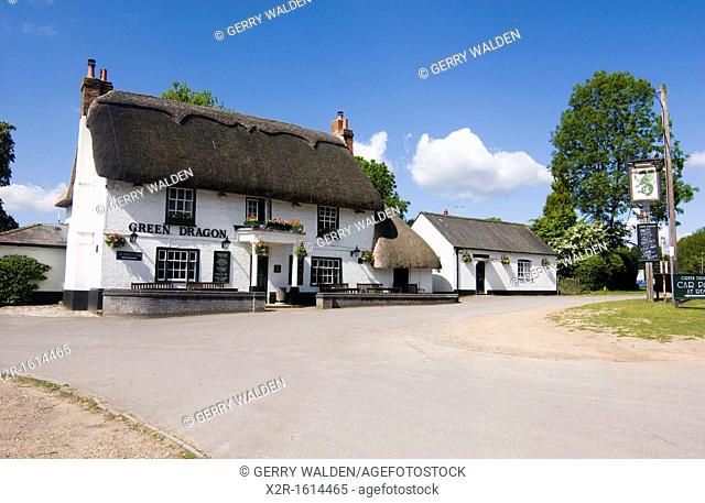 'The Green Dragon' public house inn at Brook in the New Forest National Park, Hampshire, England  The building is a traditional thatched building typical of the...