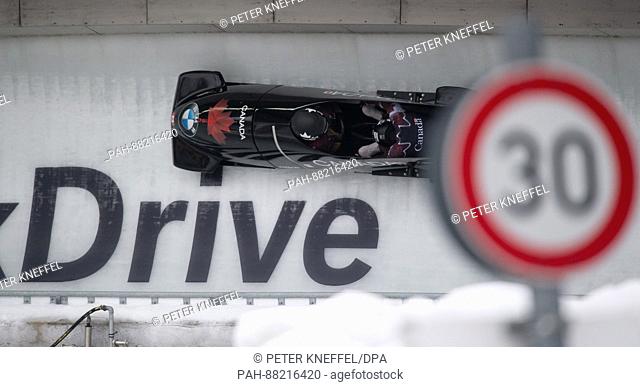 Canadian bobsledders Alysia Rissling (l) and Cynthia Appiah in action at the FIBT World Championship 2017 in Schoenau am Koenigssee, Germany, 18 February 2017
