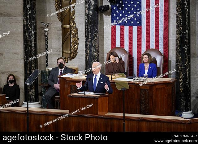 WASHINGTON, DC - MARCH 01: President Joe Biden, flanked by Vice President Kamala Harris and House Speaker Nancy Pelosi (D-Calif