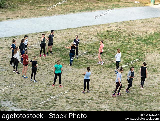 Molenbeek, Brussels Capital Region - Belgium - 06 01 2020 Girls having a break after an outdoor sports session