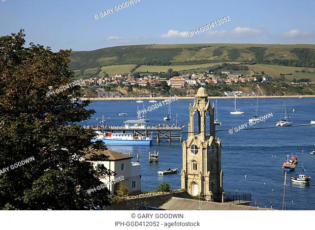 Swanage - View of the popular seaside resort showing the Wellington Clock Tower and pier