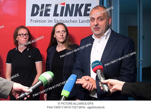 17 September 2019, Saxony, Dresden: Rico Gebhardt, Chairman of the Left Party in the Saxon Parliament, his deputy Marika Tändler-Walenta (l) and Parliamentary...
