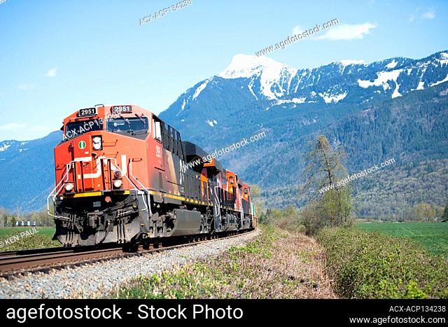 A CN train with Mount Cheam as a backdrop in Chilliwack, British Columbia, Canada