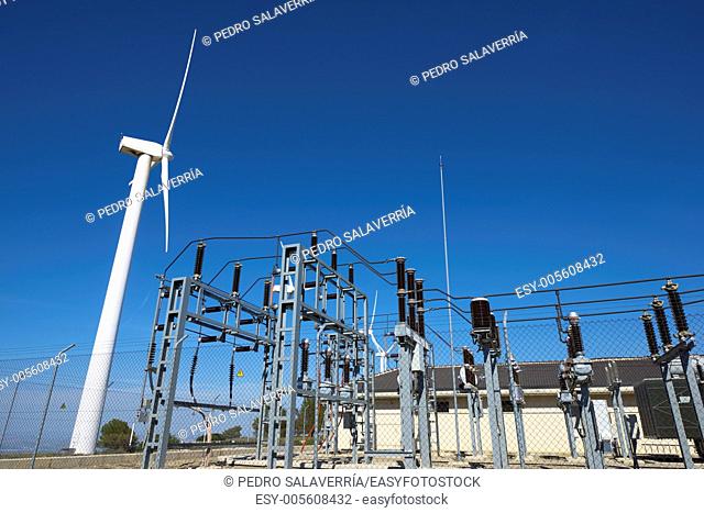 windmills for removable energy production and electrical substation, El Buste, Zaragoza, Aragon, Spain