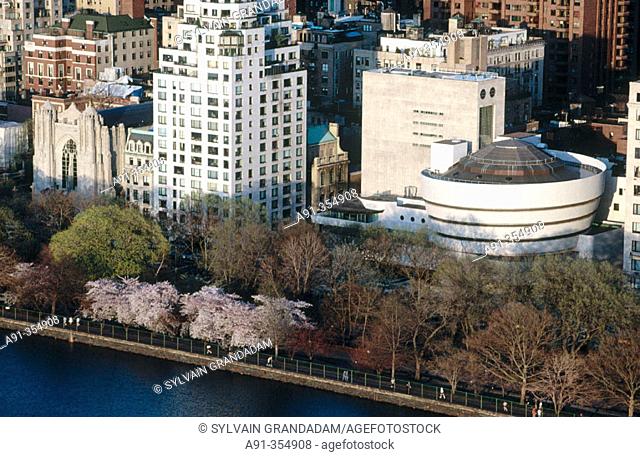 Aerial of Guggenheim Museum. Architect Frank Lloyd Wright. Manhattan. New York. USA