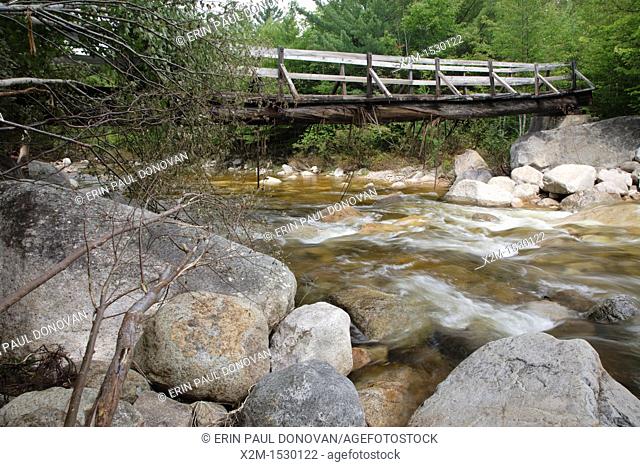 Pemigewasset Wilderness - High waters from flash floods from Tropical Storm Irene in 2011 cause peeling to the bottom of a footbridge