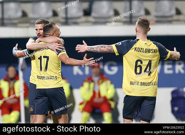 Union's Teddy Teuma celebrates after scoring during a soccer match between Oud-Heverlee Leuven and Royale Union Saint-Gilloise, Friday 11 March 2022 in Leuven
