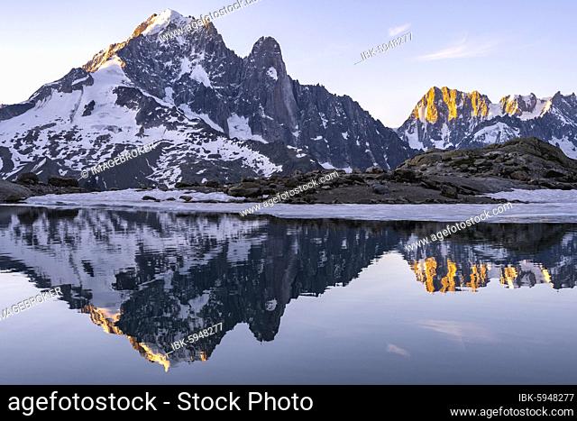 Morning atmosphere at sunrise, water reflection in Lac Blanc, mountain top, Aiguille Verte, Grandes Jorasses, Aiguille du Moine, Mont Blanc, Mont Blanc massif