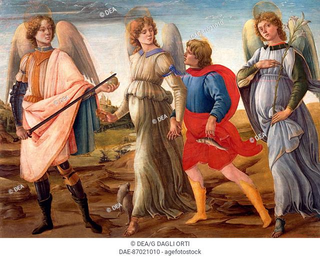 The Three Archangels and Tobias, ca 1485, by Filippino Lippi (1457-ca 1504), tempera on wood, 100x127 cm.  Turin, Galleria Sabauda (Picture Gallery)