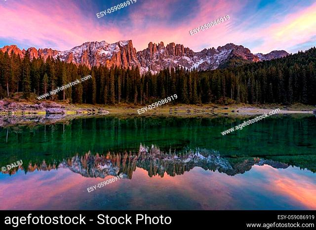Carezza lake (Lago di Carezza, Karersee) with Mount Latemar, Bolzano province, South tyrol, Italy. Landscape of Lake Carezza or Karersee and Dolomites in...