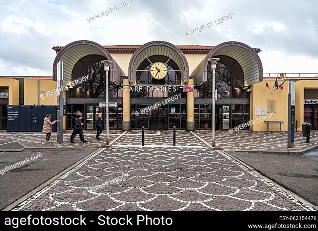 Arles, Provence, France, 1 1 2023 - Facade and entrance of the railway station with a triple arched construction
