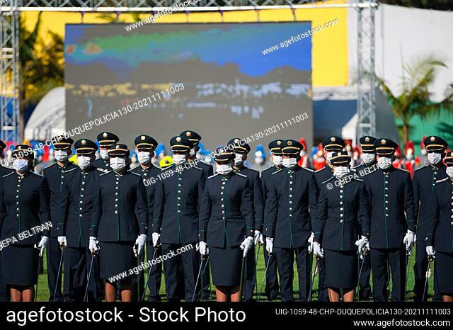 Newly promoted Police officers participate in their promotion ceremony, during an event where Colombia's president Ivan Duque Marquez and Colombia's Minister of...