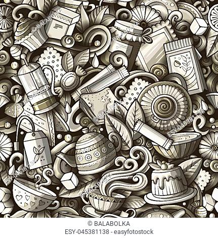 Cartoon cute doodles hand drawn Tea House seamless pattern. Monochrome detailed, with lots of objects background. Endless funny vector illustration