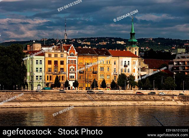 City of Budapest in Hungary, row of picturesque riverside old city houses at Danube River waterfront