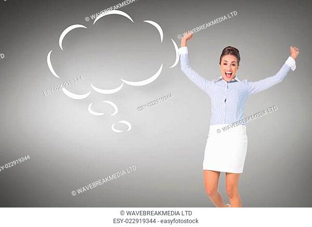 Composite image of excited brunette businesswoman jumping and cheering with speech bubble