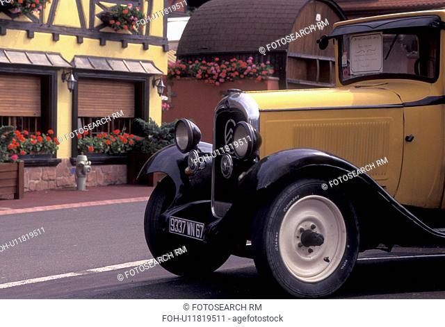 France, Alsace, Itterswiller, Bas-Rhin, Europe, wine region, Antique car displayed in the picturesque village of Itterswiller in the wine region of Alsace