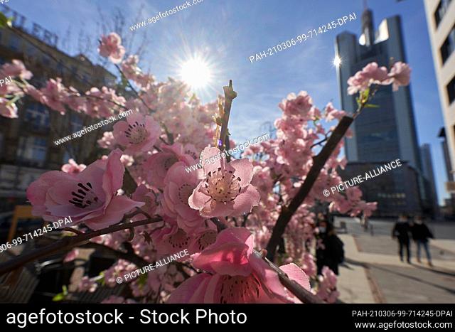 06 March 2021, Hessen, Frankfurt/Main: Artificial flowers spread a spring-like flair at Frankfurt's Rossmarkt. The sunny weather is expected to continue over...