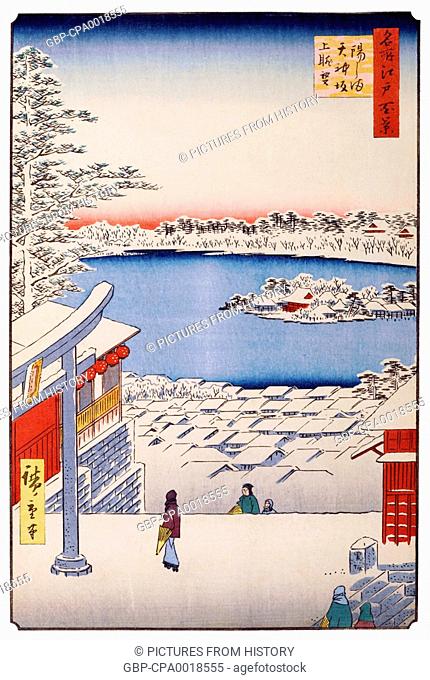Japan: Winter: View from the Hilltop of Yushima Tenjin Shrine (?????????). Image 117 of '100 Famous Views of Edo'. Utagawa Hiroshige (first published 1856–59)