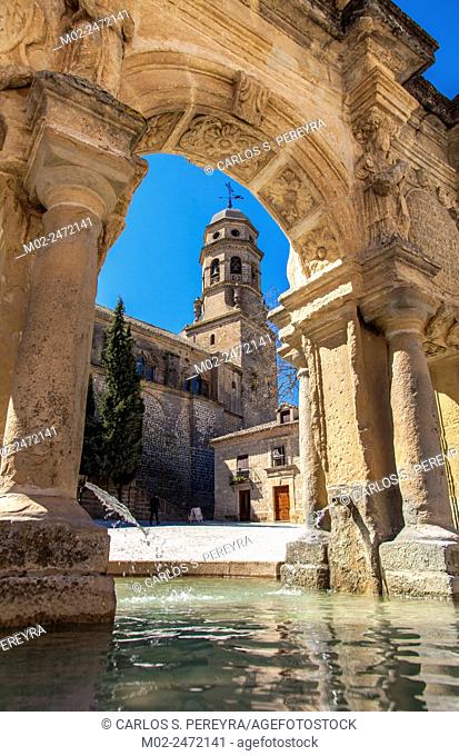 Fountain at Sta Maria square Baeza Jaen province Andalusia Spain