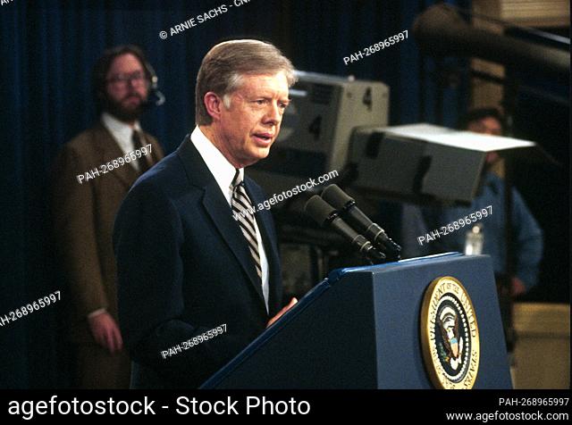 United States President Jimmy Carter speaks at a press conference at the White House in Washington, DC on February 13, 1980. Credit: Arnie Sachs / CNP